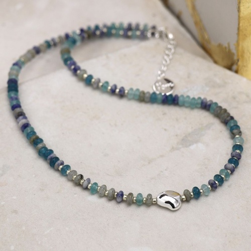 Blue Mix Bead Necklace with Silver Plated Pebble by Peace of Mind